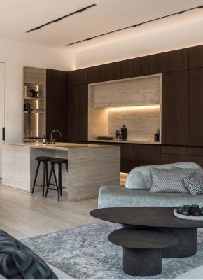 Moderni virtuvė su tamsaus medžio spintelėmis ir natūralaus akmens stalviršiu bei sala. Apšvietimas integruotas sienų nišose, o šalia – stilinga svetainės zona su minkšta sofa ir apvaliais kavos staliukais.