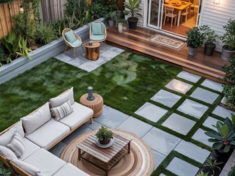 lauko terasa su akmens masės plytelėmis takams